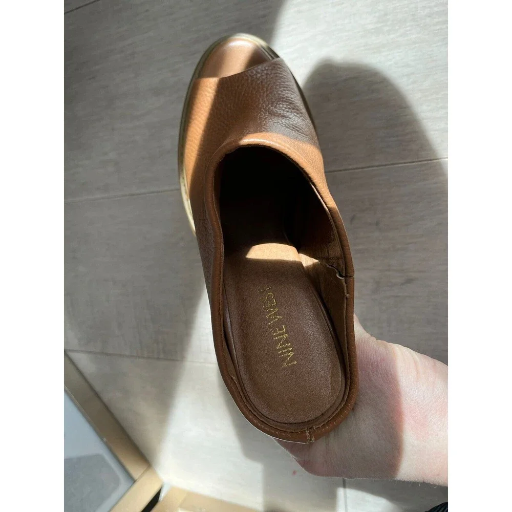 Nine West Lucky One Leather Women Heel Sandals Mules 7.5 M Slip On